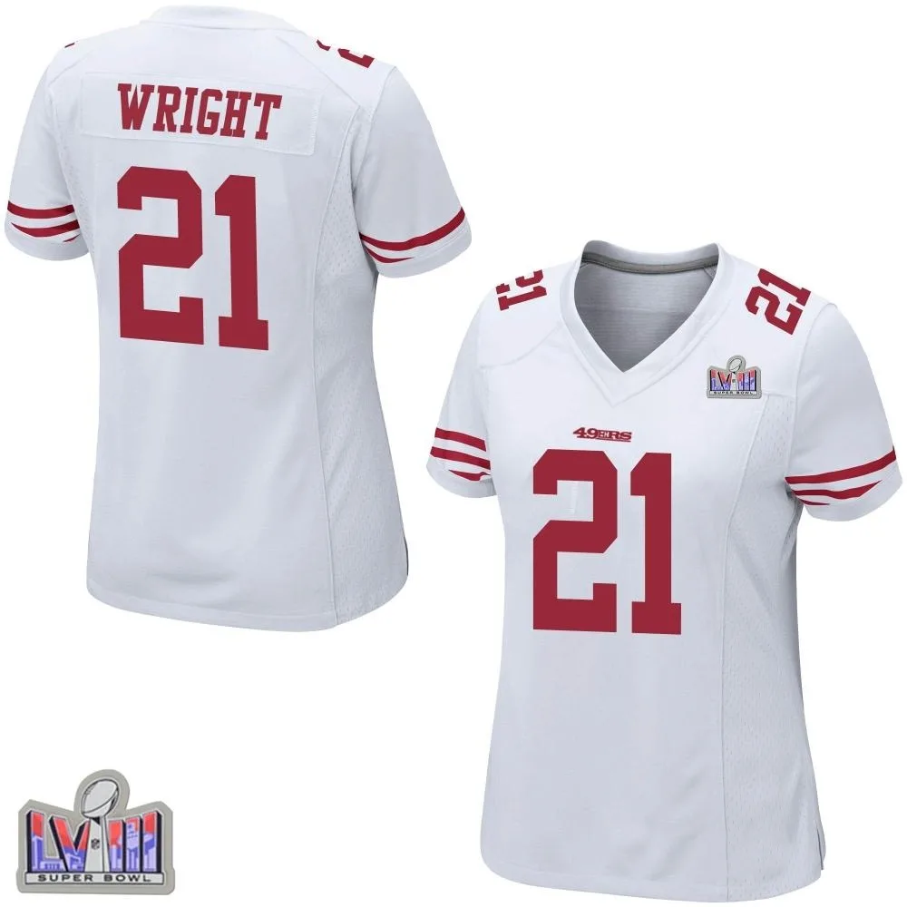 Women's San Francisco 49ers Eric Wright Nike Super Bowl LVIII Patch Game White Jersey Women's San Francisco 49ers Eric Wright Nike Super Bowl LVIII Patch Game White Jersey