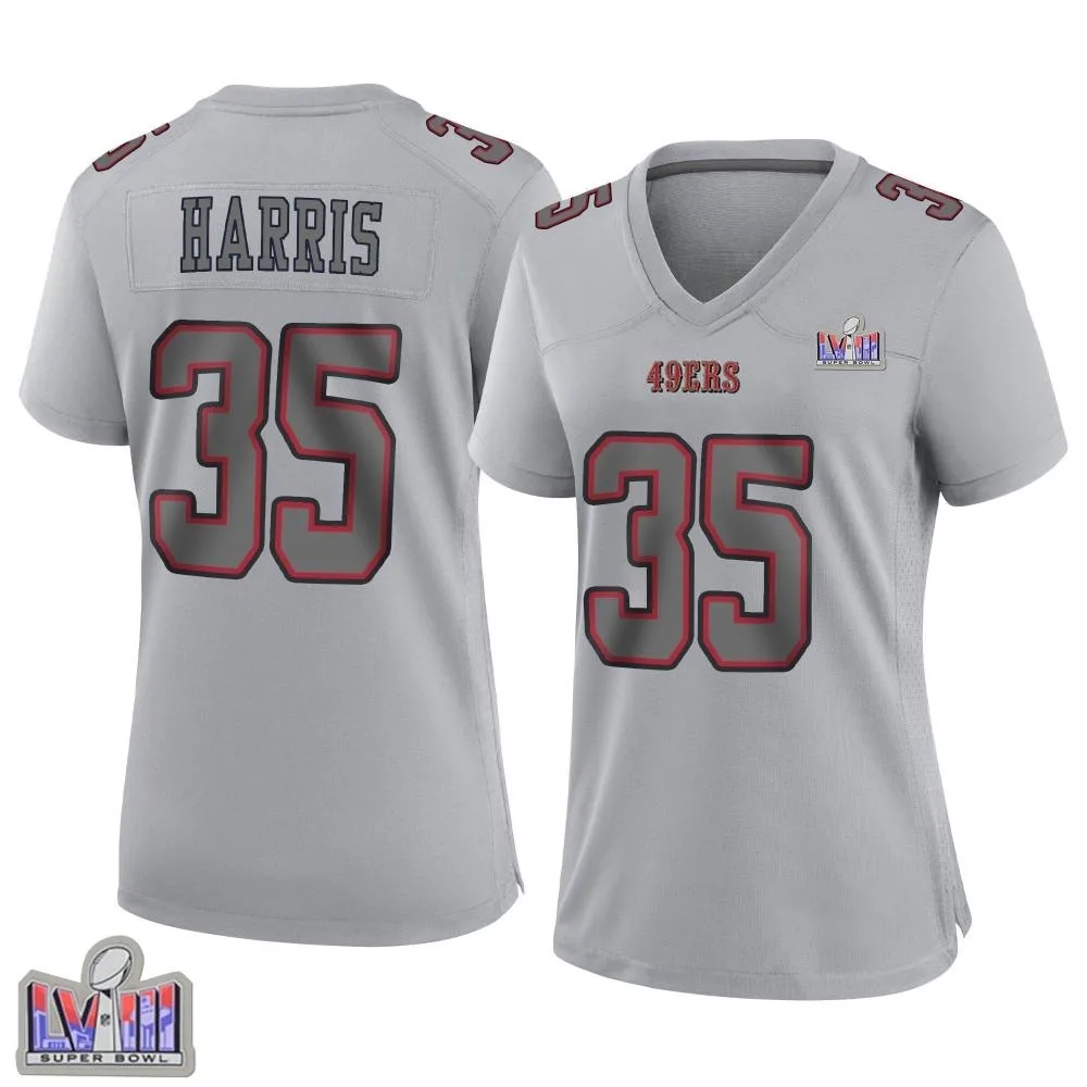 Women's San Francisco 49ers Erik Harris Nike Atmosphere Fashion Super Bowl LVIII Patch Game Gray Jersey Women's San Francisco 49ers Erik Harris Nike Atmosphere Fashion Super Bowl LVIII Patch Game Gray Jersey
