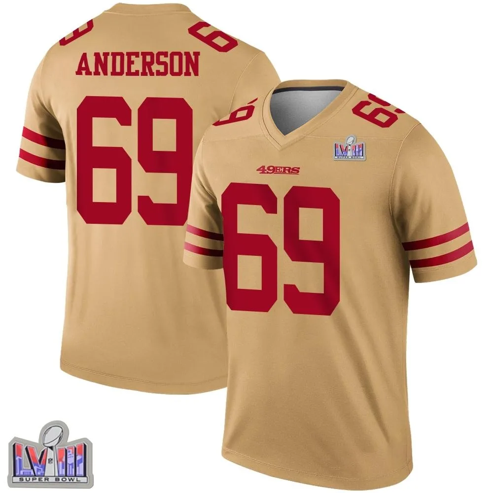 Men's San Francisco 49ers Evan Anderson Nike Inverted Super Bowl LVIII Patch Legend Gold Jersey Men's San Francisco 49ers Evan Anderson Nike Inverted Super Bowl LVIII Patch Legend Gold Jersey
