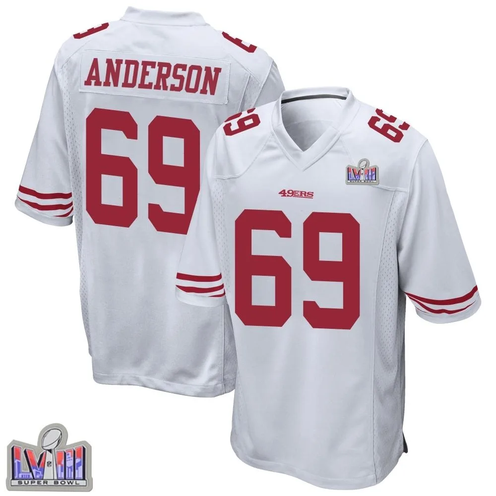 Men's San Francisco 49ers Evan Anderson Nike Super Bowl LVIII Patch Game White Jersey Men's San Francisco 49ers Evan Anderson Nike Super Bowl LVIII Patch Game White Jersey