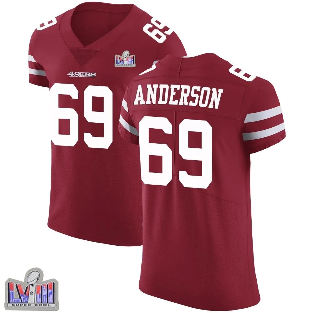 Men's San Francisco 49ers Evan Anderson Nike Team Color Vapor Untouchable Super Bowl LVIII Patch Elite Red Jersey Men's San Francisco 49ers Evan Anderson Nike Team Color Vapor Untouchable Super Bowl LVIII Patch Elite Red Jersey