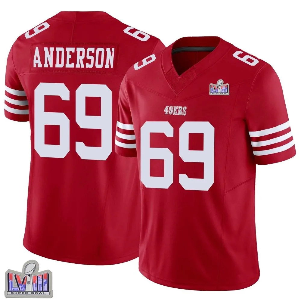 Men's San Francisco 49ers Evan Anderson Nike Vapor F.U.S.E. Super Bowl LVIII Patch Limited Scarlet Jersey Men's San Francisco 49ers Evan Anderson Nike Vapor F.U.S.E. Super Bowl LVIII Patch Limited Scarlet Jersey