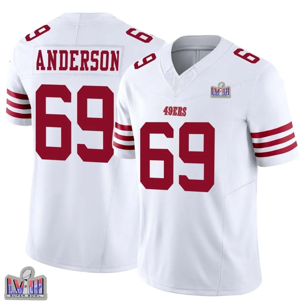 Men's San Francisco 49ers Evan Anderson Nike Vapor F.U.S.E. Super Bowl LVIII Patch Limited White Jersey Men's San Francisco 49ers Evan Anderson Nike Vapor F.U.S.E. Super Bowl LVIII Patch Limited White Jersey