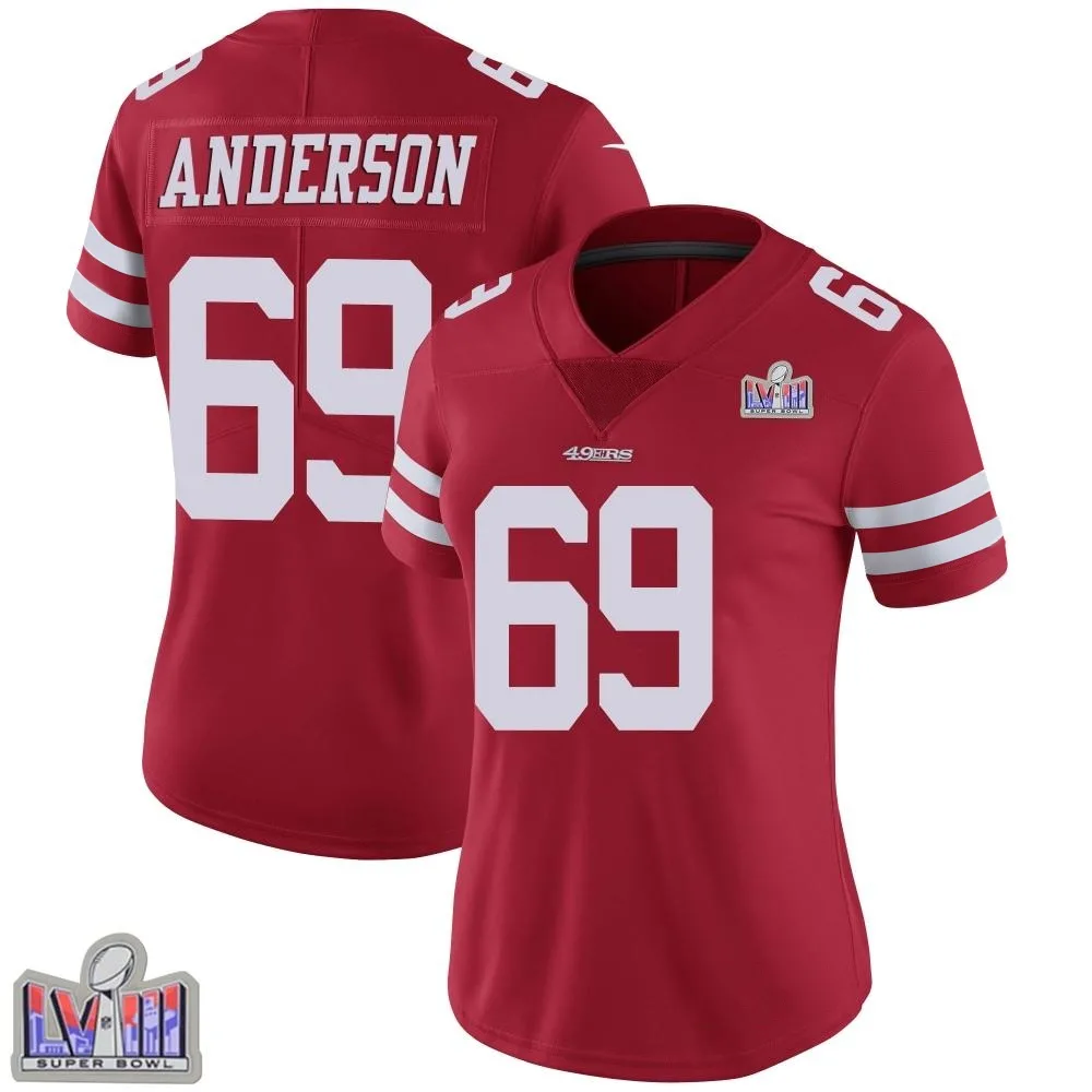 Women's San Francisco 49ers Evan Anderson Nike Team Color Vapor Untouchable Super Bowl LVIII Patch Limited Red Jersey Women's San Francisco 49ers Evan Anderson Nike Team Color Vapor Untouchable Super Bowl LVIII Patch Limited Red Jersey