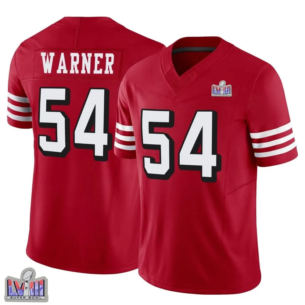 Men's San Francisco 49ers Fred Warner Nike Alternate Vapor F.U.S.E. Super Bowl LVIII Patch Limited Scarlet Jersey Men's San Francisco 49ers Fred Warner Nike Alternate Vapor F.U.S.E. Super Bowl LVIII Patch Limited Scarlet Jersey