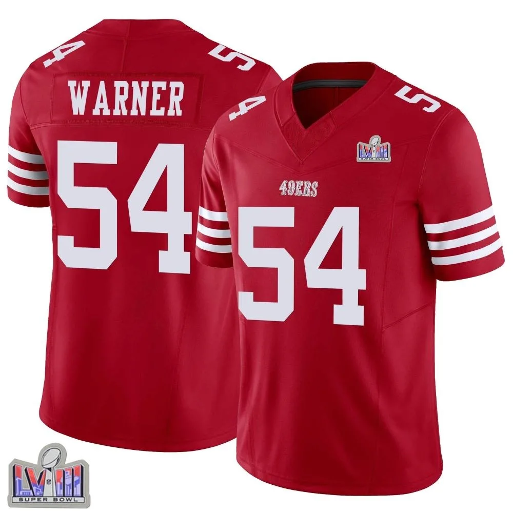 Men's San Francisco 49ers Fred Warner Nike Vapor F.U.S.E. Super Bowl LVIII Patch Limited Scarlet Jersey Men's San Francisco 49ers Fred Warner Nike Vapor F.U.S.E. Super Bowl LVIII Patch Limited Scarlet Jersey