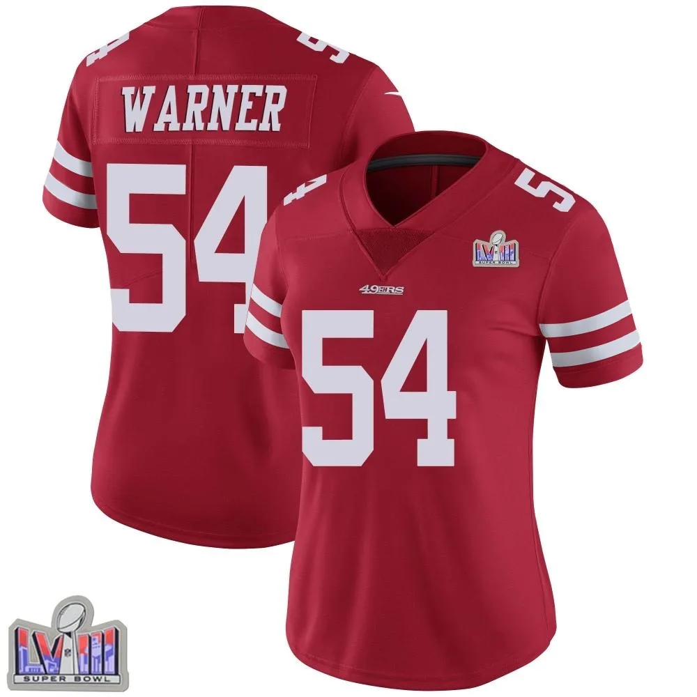 Women's San Francisco 49ers Fred Warner Nike Team Color Vapor Untouchable Super Bowl LVIII Patch Limited Red Jersey Women's San Francisco 49ers Fred Warner Nike Team Color Vapor Untouchable Super Bowl LVIII Patch Limited Red Jersey