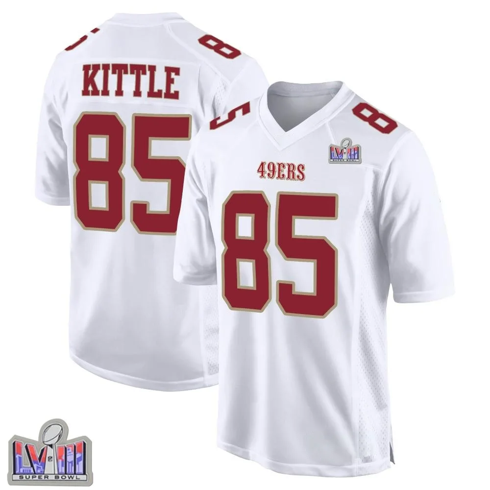 Men's San Francisco 49ers George Kittle Nike Fashion Super Bowl LVIII Patch Game White Jersey Men's San Francisco 49ers George Kittle Nike Fashion Super Bowl LVIII Patch Game White Jersey