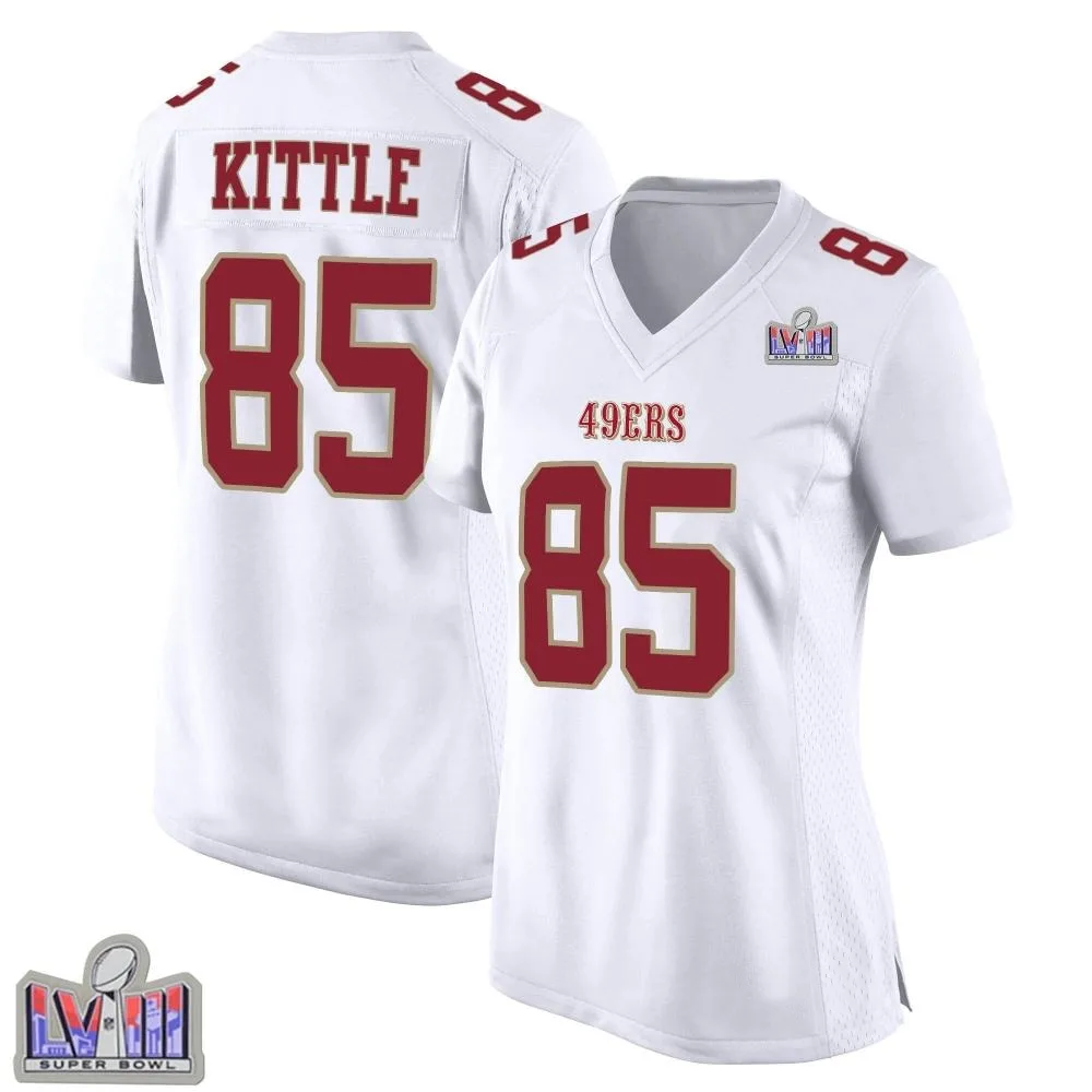 Women's San Francisco 49ers George Kittle Nike Fashion Super Bowl LVIII Patch Game White Jersey Women's San Francisco 49ers George Kittle Nike Fashion Super Bowl LVIII Patch Game White Jersey