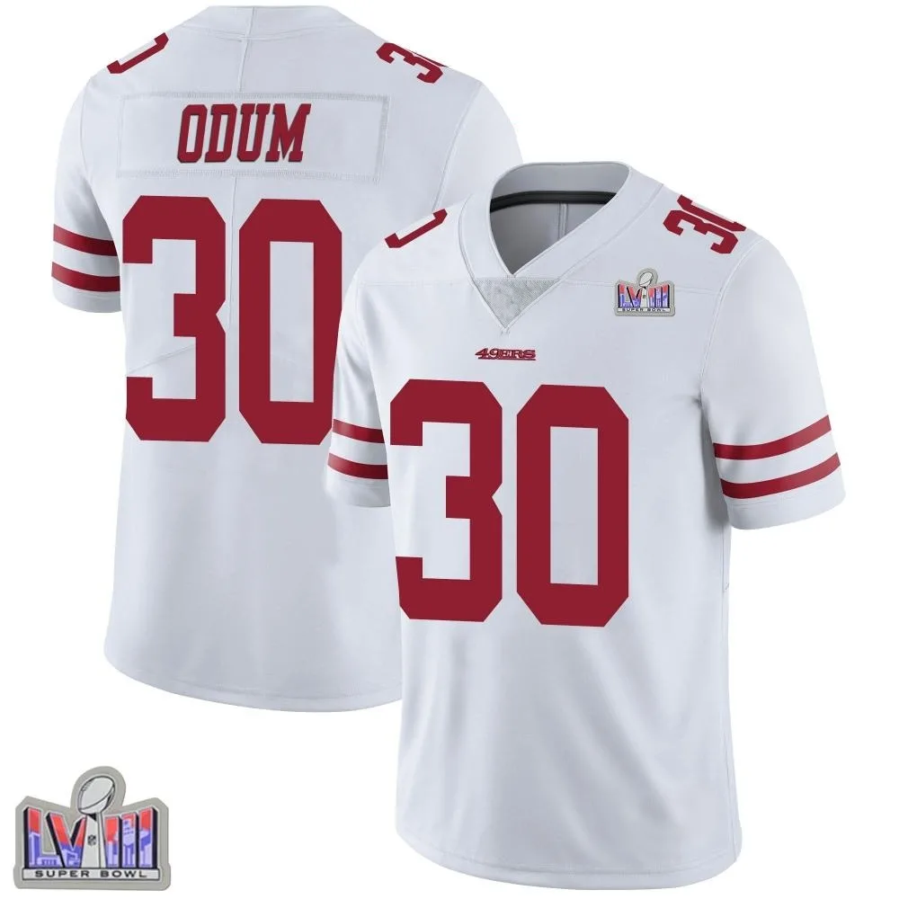 Men's San Francisco 49ers George Odum Nike Vapor Untouchable Super Bowl LVIII Patch Limited White Jersey Men's San Francisco 49ers George Odum Nike Vapor Untouchable Super Bowl LVIII Patch Limited White Jersey