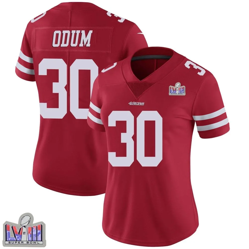Women's San Francisco 49ers George Odum Nike Team Color Vapor Untouchable Super Bowl LVIII Patch Limited Red Jersey Women's San Francisco 49ers George Odum Nike Team Color Vapor Untouchable Super Bowl LVIII Patch Limited Red Jersey