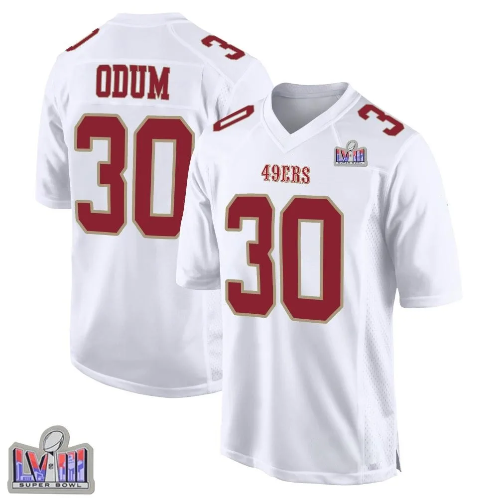 Youth San Francisco 49ers George Odum Nike Fashion Super Bowl LVIII Patch Game White Jersey Youth San Francisco 49ers George Odum Nike Fashion Super Bowl LVIII Patch Game White Jersey