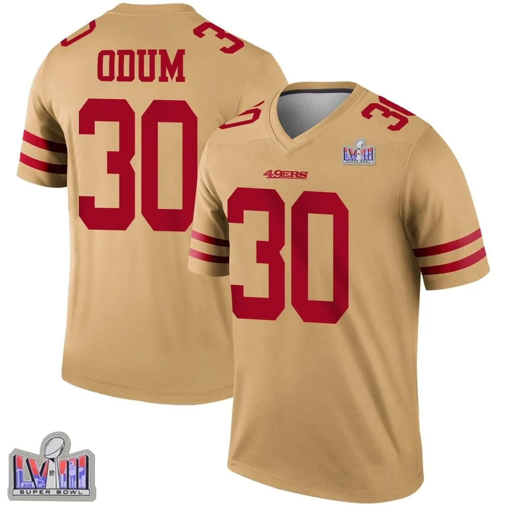 Youth San Francisco 49ers George Odum Nike Inverted Super Bowl LVIII Patch Legend Gold Jersey Youth San Francisco 49ers George Odum Nike Inverted Super Bowl LVIII Patch Legend Gold Jersey