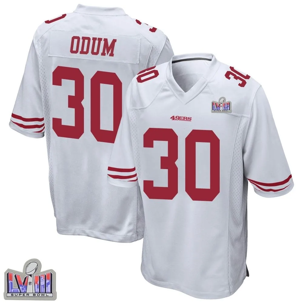 Youth San Francisco 49ers George Odum Nike Super Bowl LVIII Patch Game White Jersey Youth San Francisco 49ers George Odum Nike Super Bowl LVIII Patch Game White Jersey