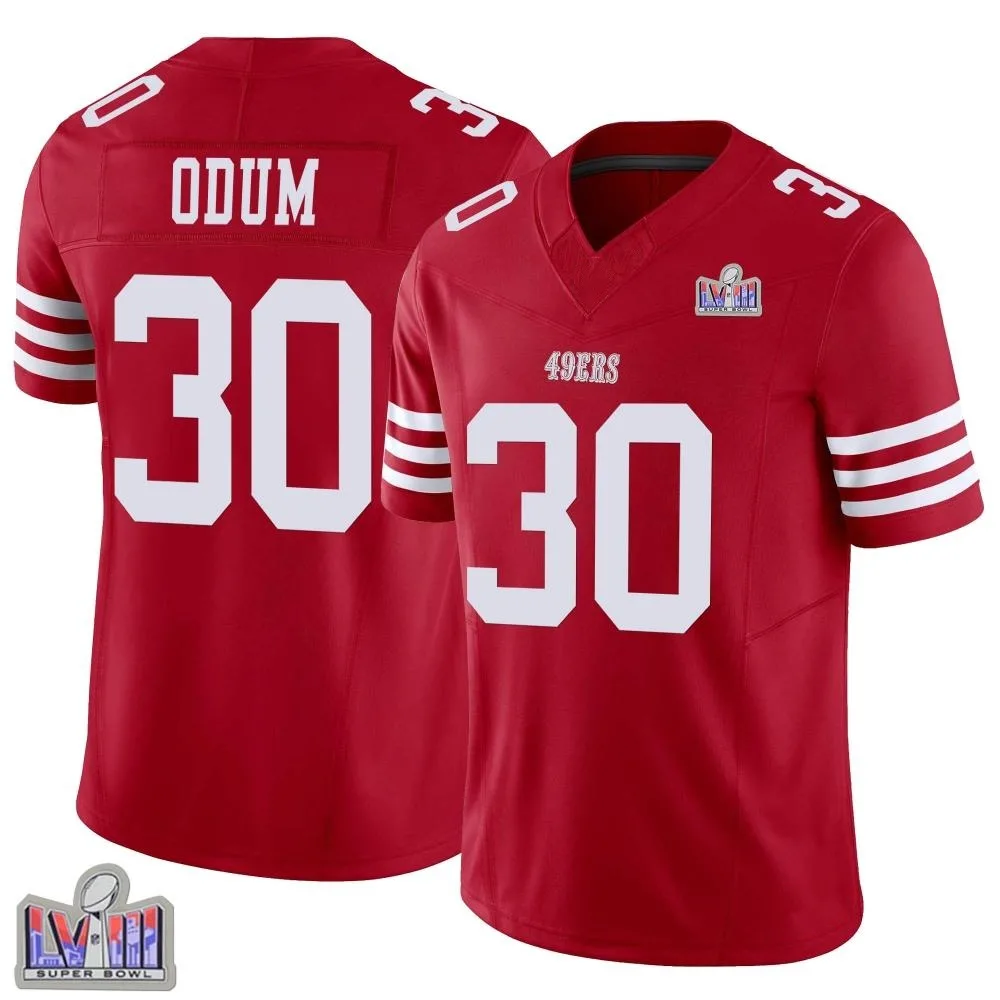 Youth San Francisco 49ers George Odum Nike Vapor F.U.S.E. Super Bowl LVIII Patch Limited Scarlet Jersey Youth San Francisco 49ers George Odum Nike Vapor F.U.S.E. Super Bowl LVIII Patch Limited Scarlet Jersey