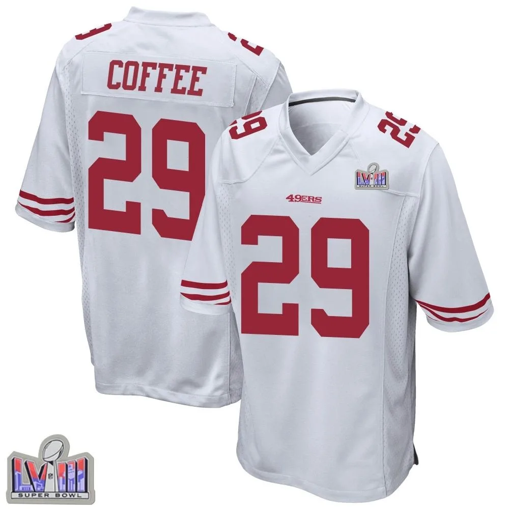 Men's San Francisco 49ers Glen Coffee Nike Super Bowl LVIII Patch Game White Jersey Men's San Francisco 49ers Glen Coffee Nike Super Bowl LVIII Patch Game White Jersey