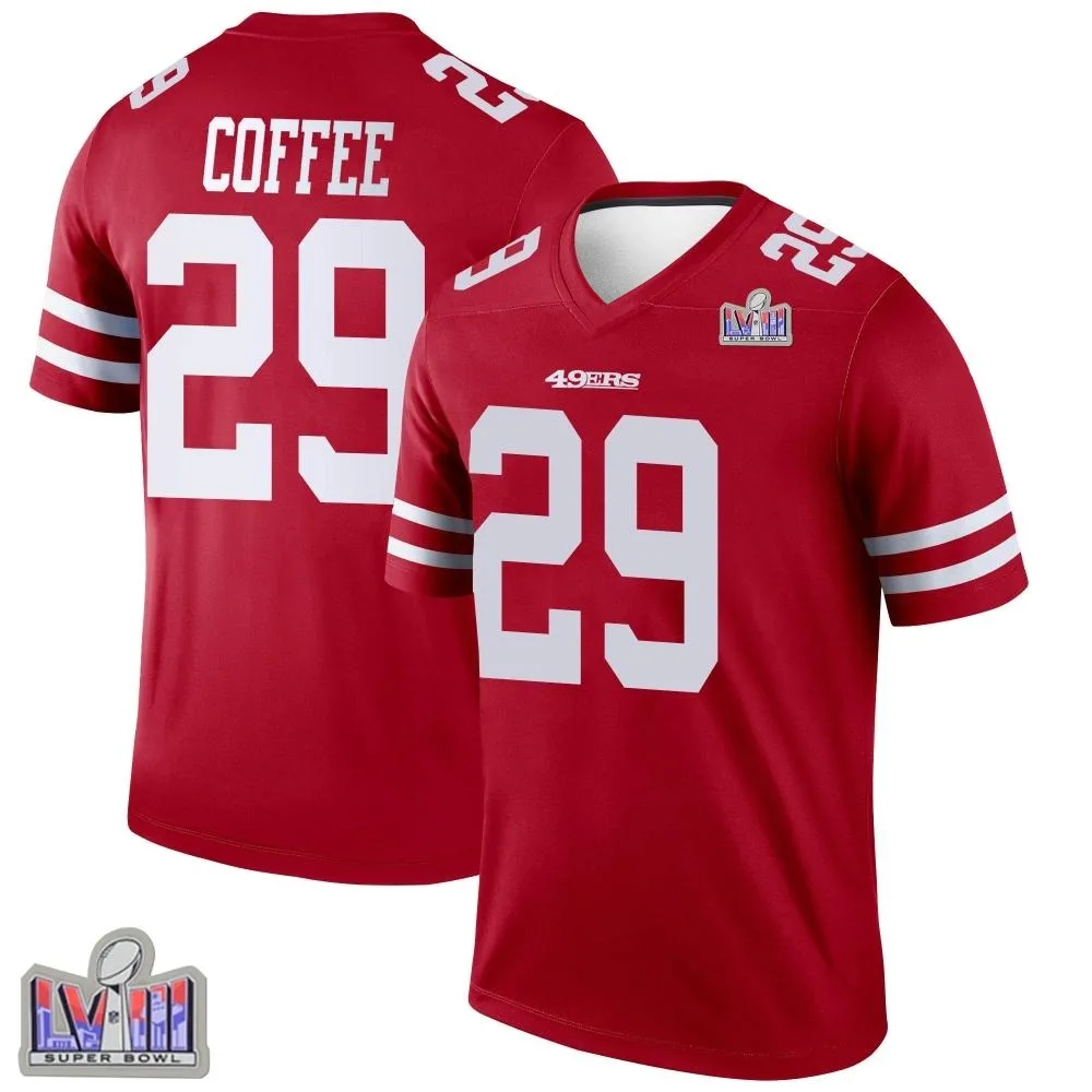 Men's San Francisco 49ers Glen Coffee Nike Super Bowl LVIII Patch Legend Scarlet Jersey Men's San Francisco 49ers Glen Coffee Nike Super Bowl LVIII Patch Legend Scarlet Jersey