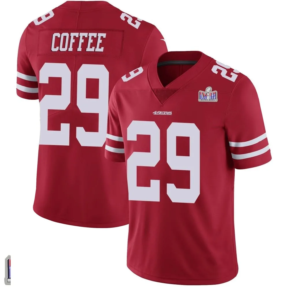 Men's San Francisco 49ers Glen Coffee Nike Team Color Vapor Untouchable Super Bowl LVIII Patch Limited Red Jersey Men's San Francisco 49ers Glen Coffee Nike Team Color Vapor Untouchable Super Bowl LVIII Patch Limited Red Jersey