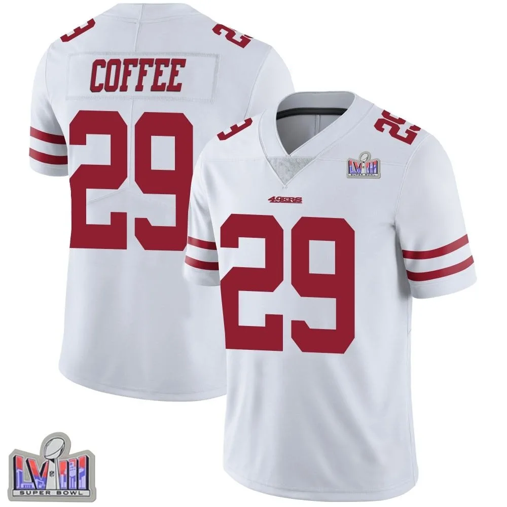 Men's San Francisco 49ers Glen Coffee Nike Vapor Untouchable Super Bowl LVIII Patch Limited White Jersey Men's San Francisco 49ers Glen Coffee Nike Vapor Untouchable Super Bowl LVIII Patch Limited White Jersey
