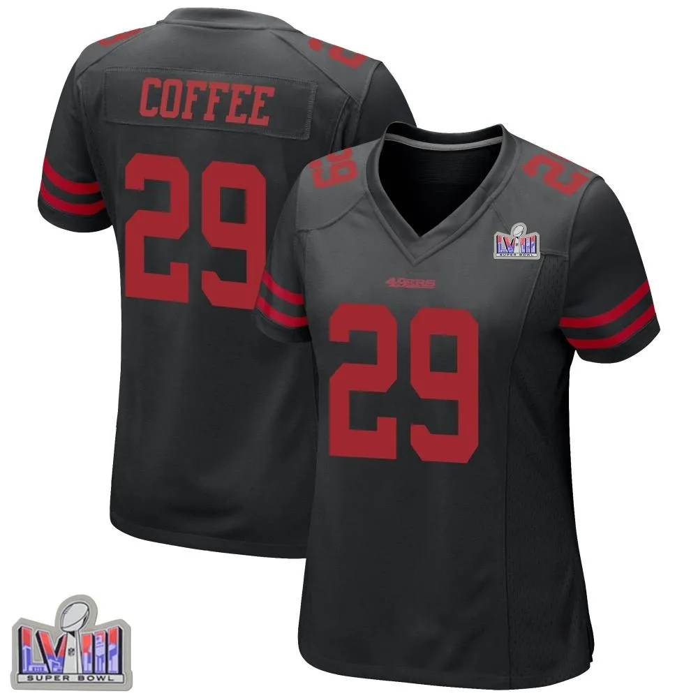 Women's San Francisco 49ers Glen Coffee Nike Alternate Super Bowl LVIII Patch Game Black Jersey Women's San Francisco 49ers Glen Coffee Nike Alternate Super Bowl LVIII Patch Game Black Jersey