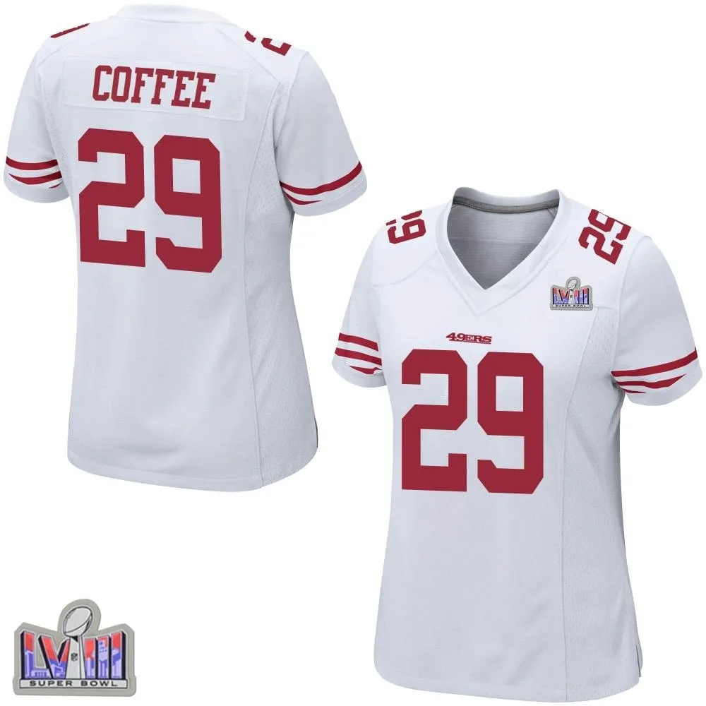 Women's San Francisco 49ers Glen Coffee Nike Super Bowl LVIII Patch Game White Jersey Women's San Francisco 49ers Glen Coffee Nike Super Bowl LVIII Patch Game White Jersey