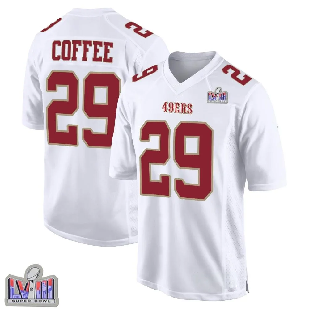 Youth San Francisco 49ers Glen Coffee Nike Fashion Super Bowl LVIII Patch Game White Jersey Youth San Francisco 49ers Glen Coffee Nike Fashion Super Bowl LVIII Patch Game White Jersey