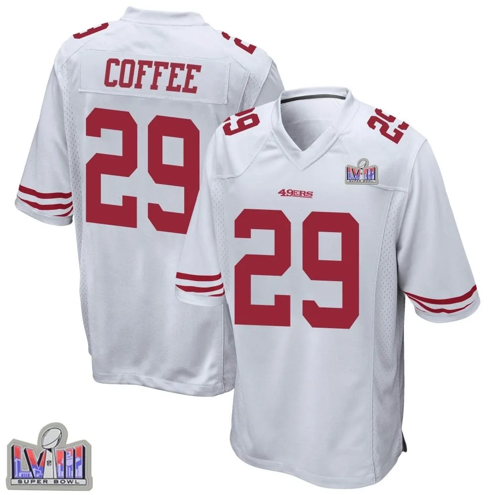 Youth San Francisco 49ers Glen Coffee Nike Super Bowl LVIII Patch Game White Jersey Youth San Francisco 49ers Glen Coffee Nike Super Bowl LVIII Patch Game White Jersey