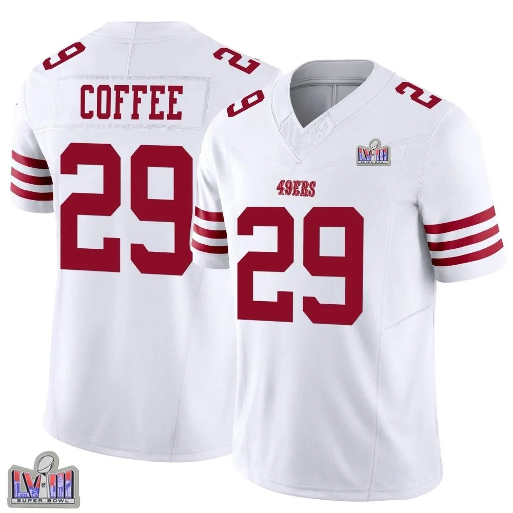 Youth San Francisco 49ers Glen Coffee Nike Vapor F.U.S.E. Super Bowl LVIII Patch Limited White Jersey Youth San Francisco 49ers Glen Coffee Nike Vapor F.U.S.E. Super Bowl LVIII Patch Limited White Jersey
