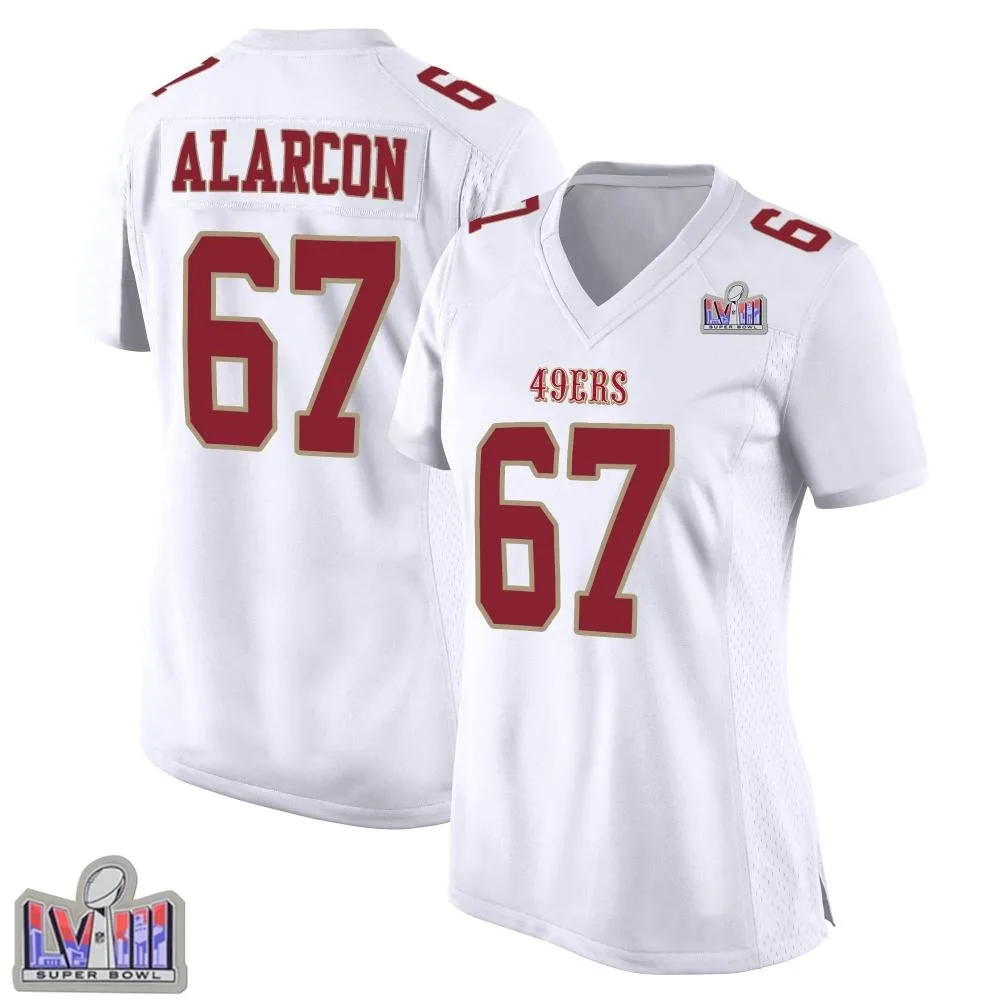 Women's San Francisco 49ers Isaac Alarcon Nike Fashion Super Bowl LVIII Patch Game White Jersey Women's San Francisco 49ers Isaac Alarcon Nike Fashion Super Bowl LVIII Patch Game White Jersey