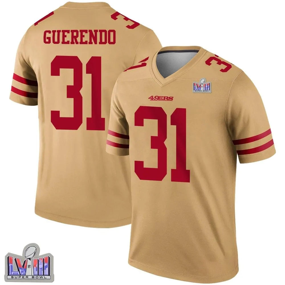 Men's San Francisco 49ers Isaac Guerendo Nike Inverted Super Bowl LVIII Patch Legend Gold Jersey Men's San Francisco 49ers Isaac Guerendo Nike Inverted Super Bowl LVIII Patch Legend Gold Jersey