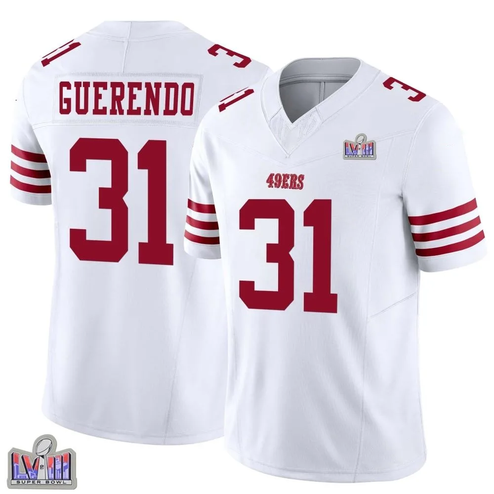Men's San Francisco 49ers Isaac Guerendo Nike Vapor F.U.S.E. Super Bowl LVIII Patch Limited White Jersey Men's San Francisco 49ers Isaac Guerendo Nike Vapor F.U.S.E. Super Bowl LVIII Patch Limited White Jersey