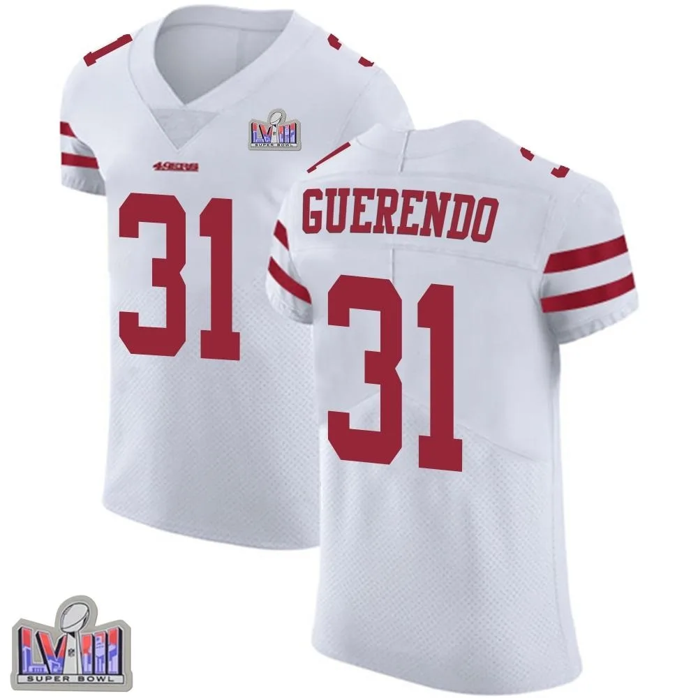 Men's San Francisco 49ers Isaac Guerendo Nike Vapor Untouchable Super Bowl LVIII Patch Elite White Jersey Men's San Francisco 49ers Isaac Guerendo Nike Vapor Untouchable Super Bowl LVIII Patch Elite White Jersey