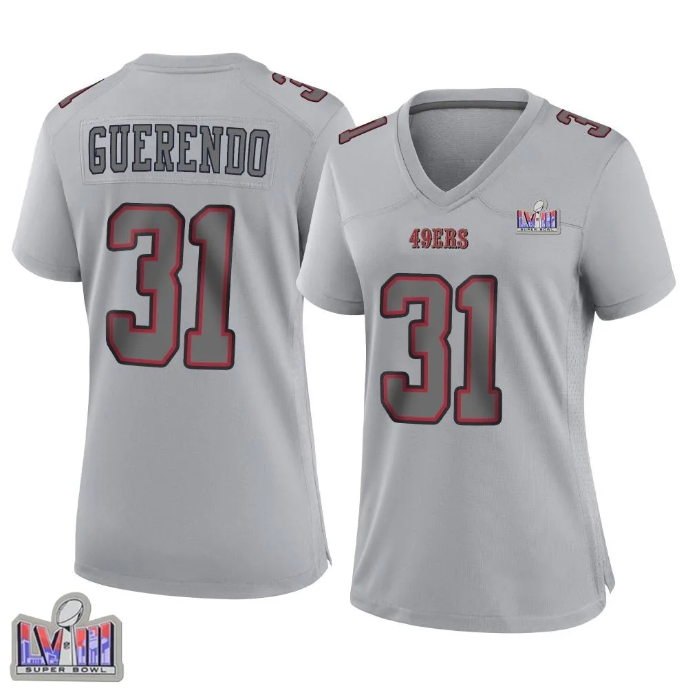 Women's San Francisco 49ers Isaac Guerendo Nike Atmosphere Fashion Super Bowl LVIII Patch Game Gray Jersey Women's San Francisco 49ers Isaac Guerendo Nike Atmosphere Fashion Super Bowl LVIII Patch Game Gray Jersey