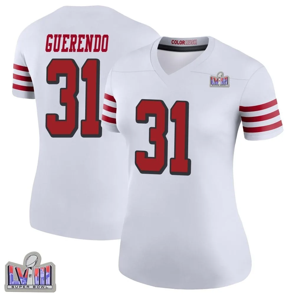 Women's San Francisco 49ers Isaac Guerendo Nike Color Rush Super Bowl LVIII Patch Legend White Jersey Women's San Francisco 49ers Isaac Guerendo Nike Color Rush Super Bowl LVIII Patch Legend White Jersey