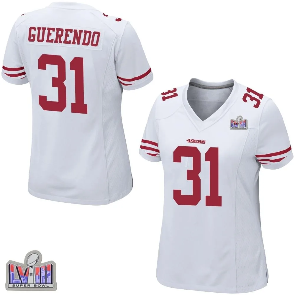 Women's San Francisco 49ers Isaac Guerendo Nike Super Bowl LVIII Patch Game White Jersey Women's San Francisco 49ers Isaac Guerendo Nike Super Bowl LVIII Patch Game White Jersey