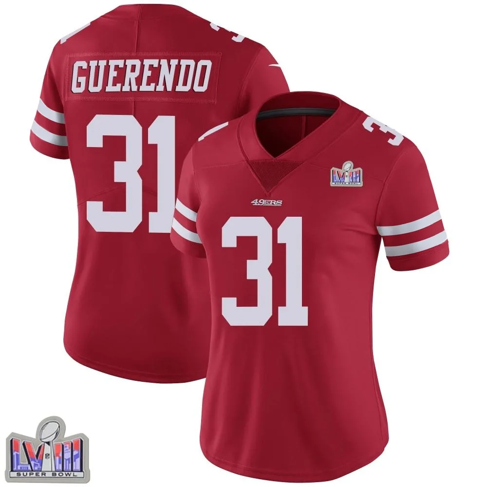 Women's San Francisco 49ers Isaac Guerendo Nike Team Color Vapor Untouchable Super Bowl LVIII Patch Limited Red Jersey Women's San Francisco 49ers Isaac Guerendo Nike Team Color Vapor Untouchable Super Bowl LVIII Patch Limited Red Jersey