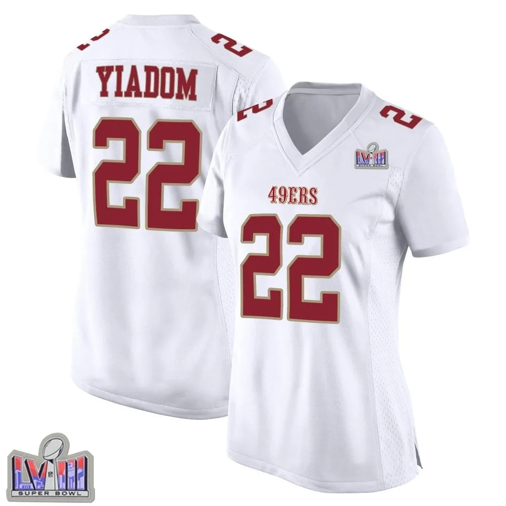 Women's San Francisco 49ers Isaac Yiadom Nike Fashion Super Bowl LVIII Patch Game White Jersey Women's San Francisco 49ers Isaac Yiadom Nike Fashion Super Bowl LVIII Patch Game White Jersey