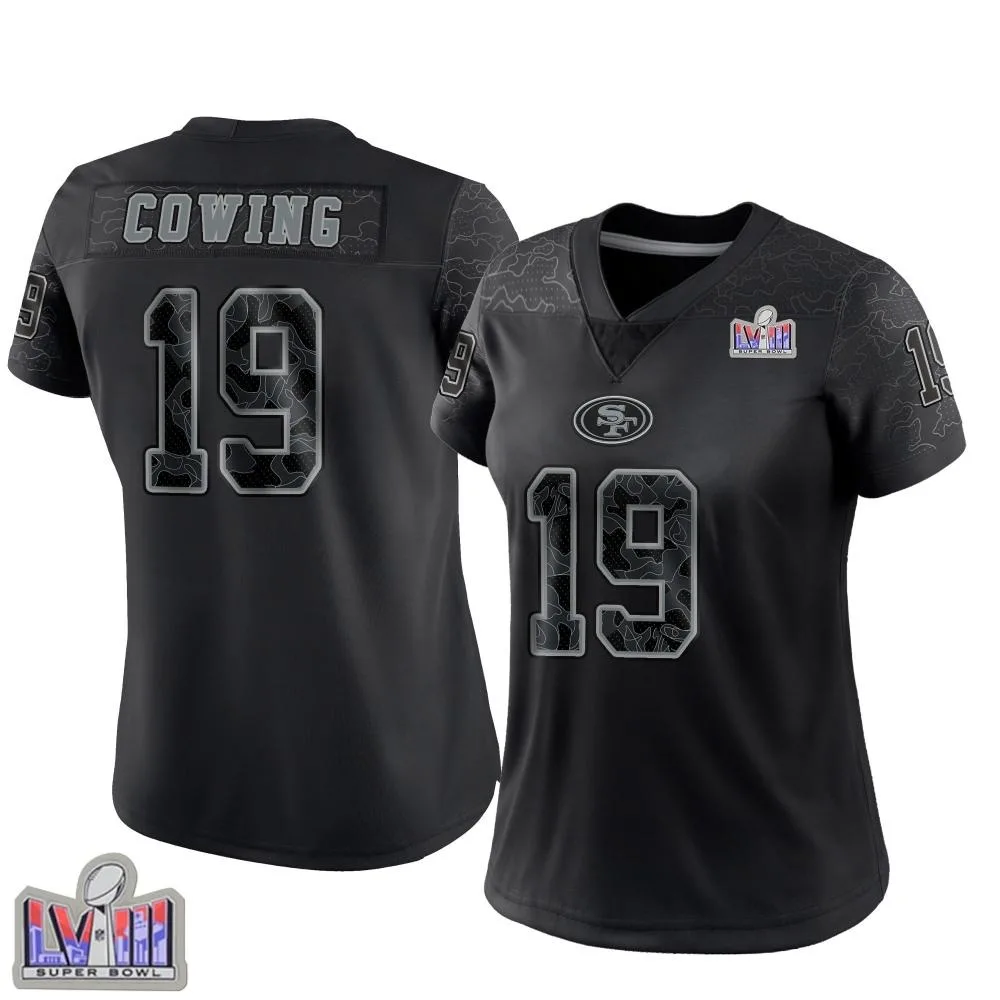 Women's San Francisco 49ers Jacob Cowing Nike Reflective Super Bowl LVIII Patch Limited Black Jersey Women's San Francisco 49ers Jacob Cowing Nike Reflective Super Bowl LVIII Patch Limited Black Jersey