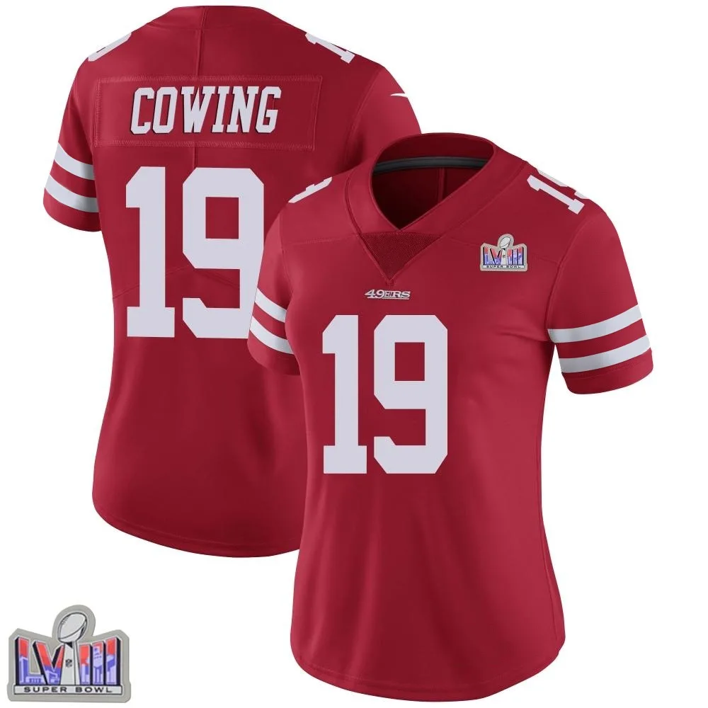 Women's San Francisco 49ers Jacob Cowing Nike Team Color Vapor Untouchable Super Bowl LVIII Patch Limited Red Jersey Women's San Francisco 49ers Jacob Cowing Nike Team Color Vapor Untouchable Super Bowl LVIII Patch Limited Red Jersey