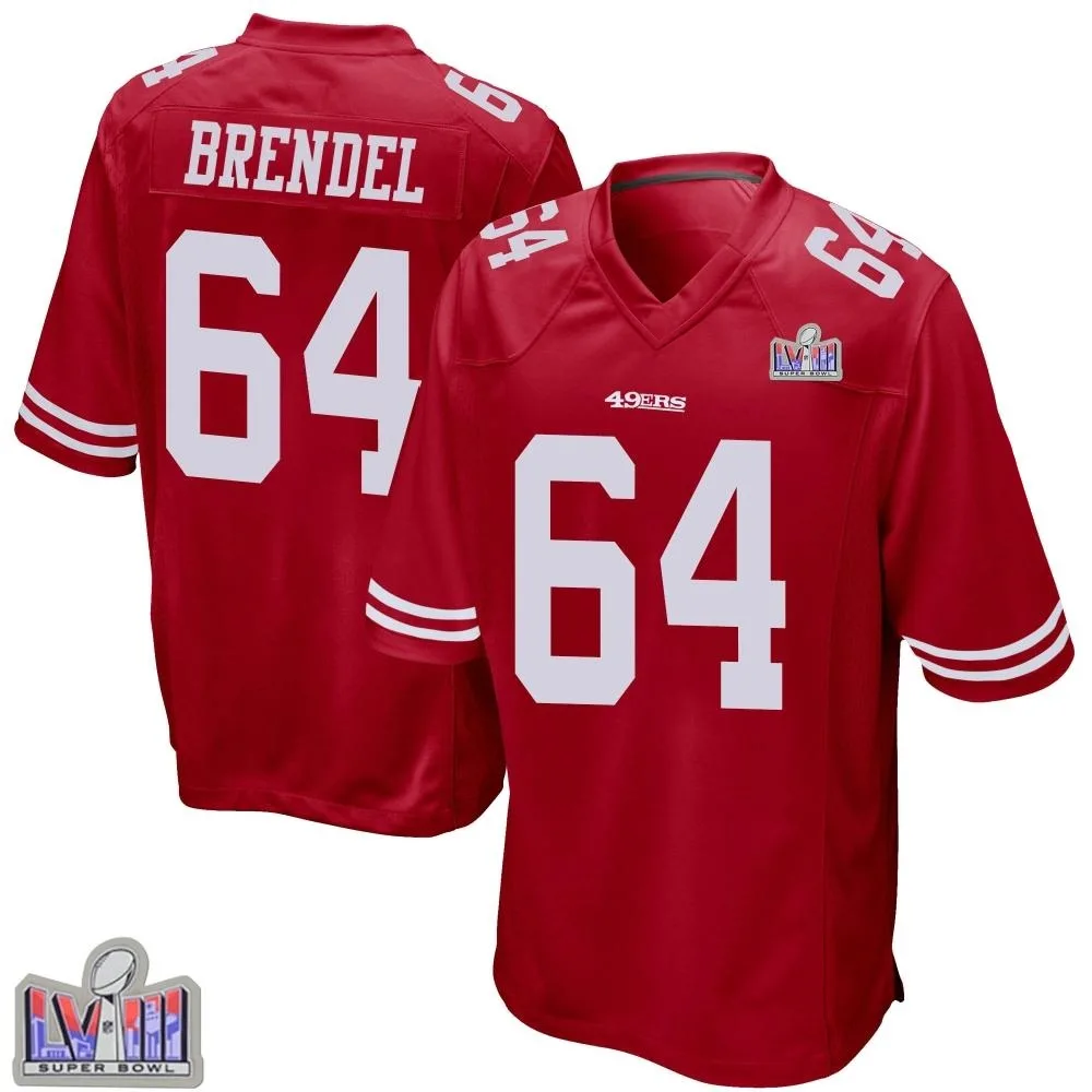 Men's San Francisco 49ers Jake Brendel Nike Team Color Super Bowl LVIII Patch Game Red Jersey Men's San Francisco 49ers Jake Brendel Nike Team Color Super Bowl LVIII Patch Game Red Jersey