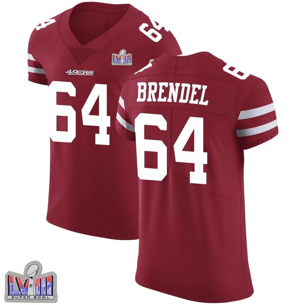 Men's San Francisco 49ers Jake Brendel Nike Team Color Vapor Untouchable Super Bowl LVIII Patch Elite Red Jersey Men's San Francisco 49ers Jake Brendel Nike Team Color Vapor Untouchable Super Bowl LVIII Patch Elite Red Jersey