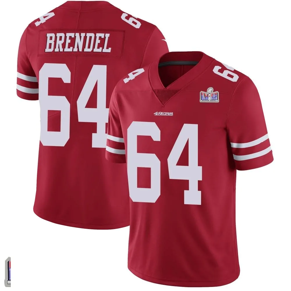 Men's San Francisco 49ers Jake Brendel Nike Team Color Vapor Untouchable Super Bowl LVIII Patch Limited Red Jersey Men's San Francisco 49ers Jake Brendel Nike Team Color Vapor Untouchable Super Bowl LVIII Patch Limited Red Jersey