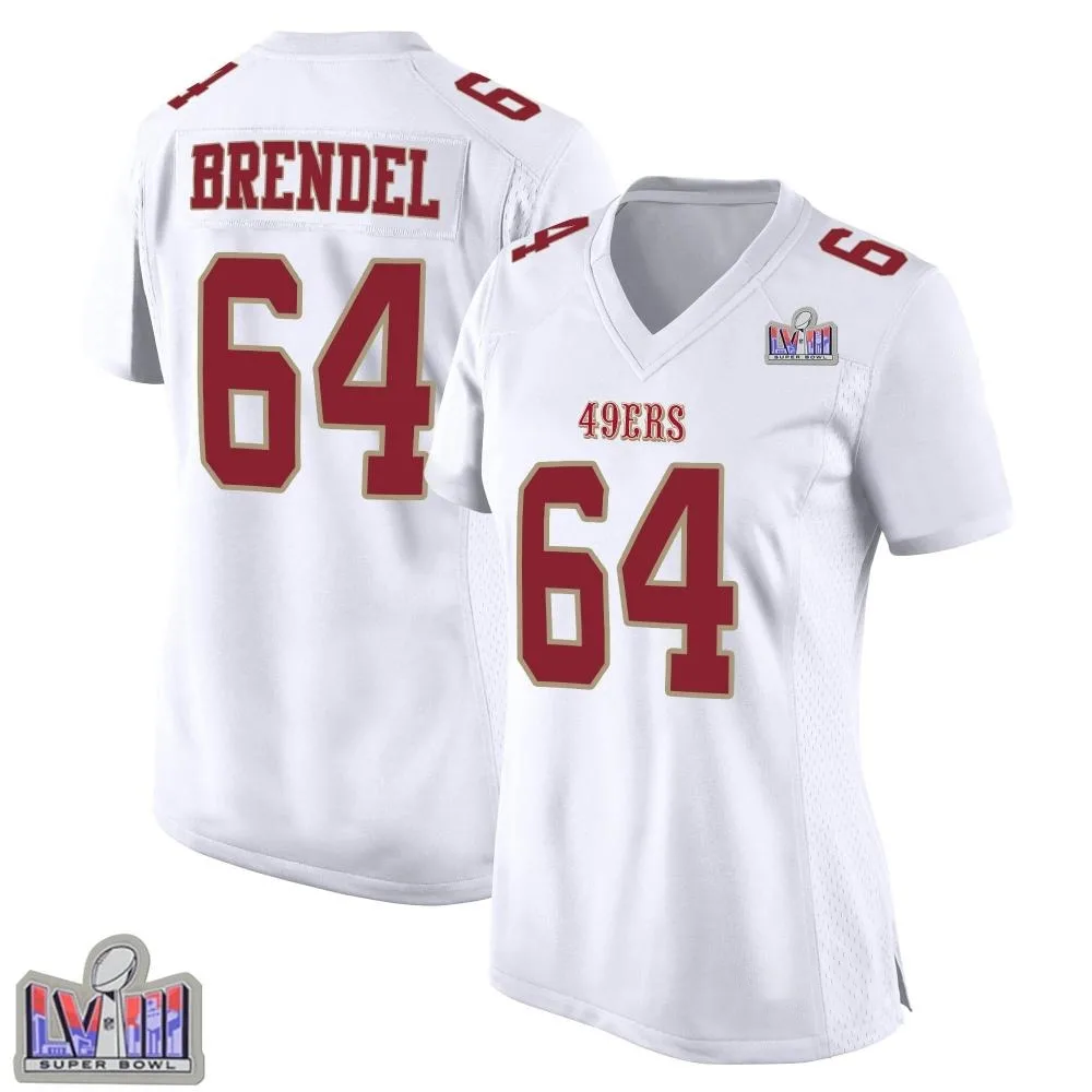 Women's San Francisco 49ers Jake Brendel Nike Fashion Super Bowl LVIII Patch Game White Jersey Women's San Francisco 49ers Jake Brendel Nike Fashion Super Bowl LVIII Patch Game White Jersey