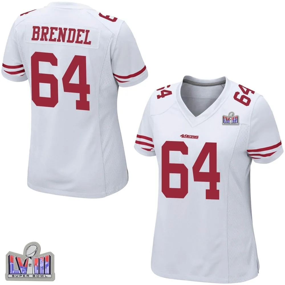 Women's San Francisco 49ers Jake Brendel Nike Super Bowl LVIII Patch Game White Jersey Women's San Francisco 49ers Jake Brendel Nike Super Bowl LVIII Patch Game White Jersey