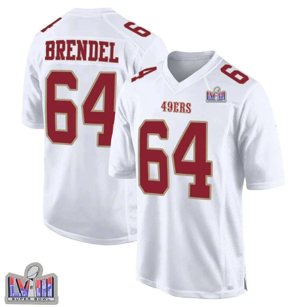 Youth San Francisco 49ers Jake Brendel Nike Fashion Super Bowl LVIII Patch Game White Jersey Youth San Francisco 49ers Jake Brendel Nike Fashion Super Bowl LVIII Patch Game White Jersey