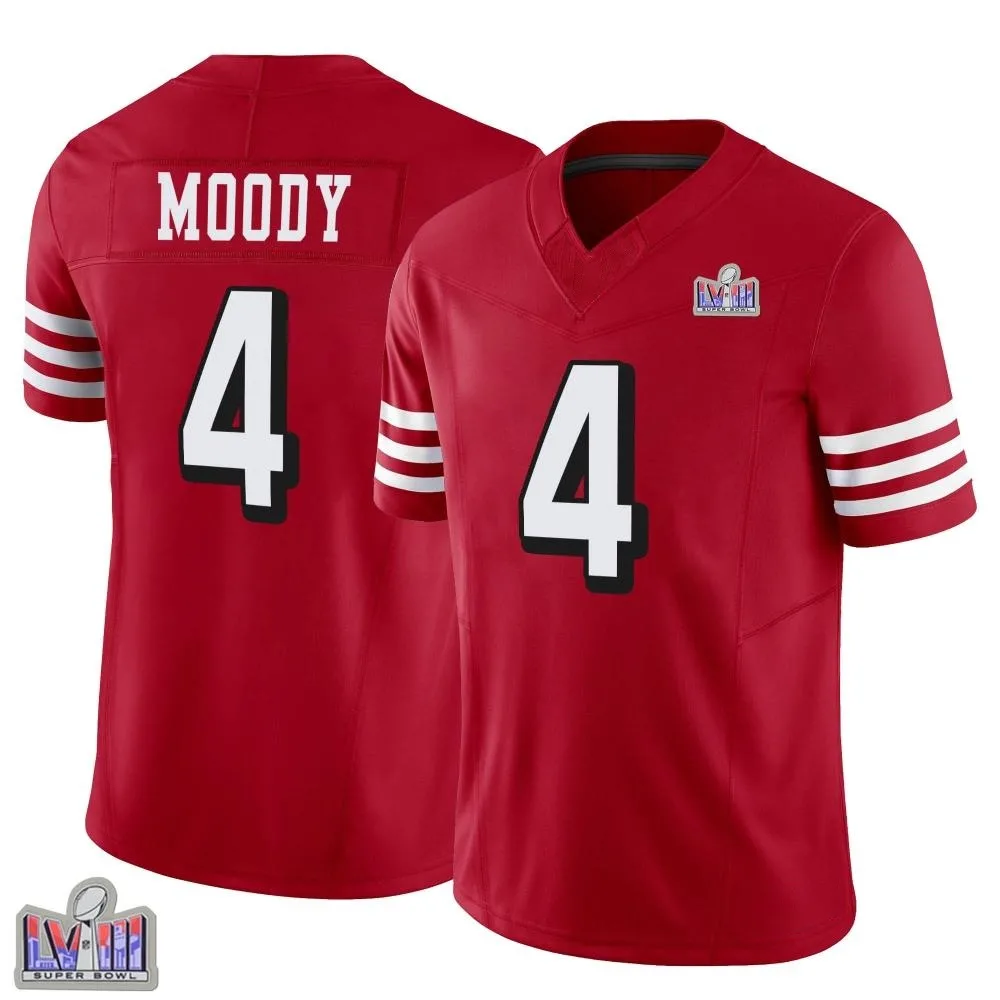 Men's San Francisco 49ers Jake Moody Nike Alternate Vapor F.U.S.E. Super Bowl LVIII Patch Limited Scarlet Jersey Men's San Francisco 49ers Jake Moody Nike Alternate Vapor F.U.S.E. Super Bowl LVIII Patch Limited Scarlet Jersey