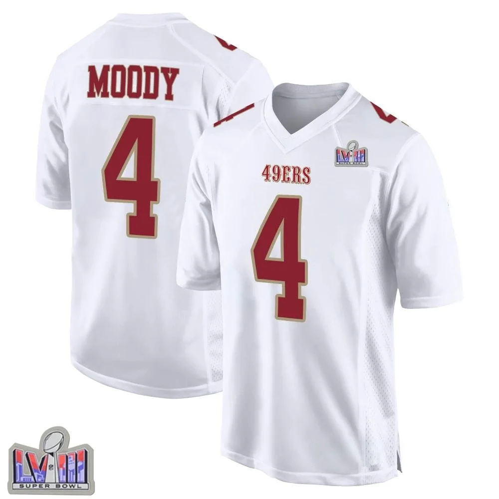 Men's San Francisco 49ers Jake Moody Nike Fashion Super Bowl LVIII Patch Game White Jersey Men's San Francisco 49ers Jake Moody Nike Fashion Super Bowl LVIII Patch Game White Jersey