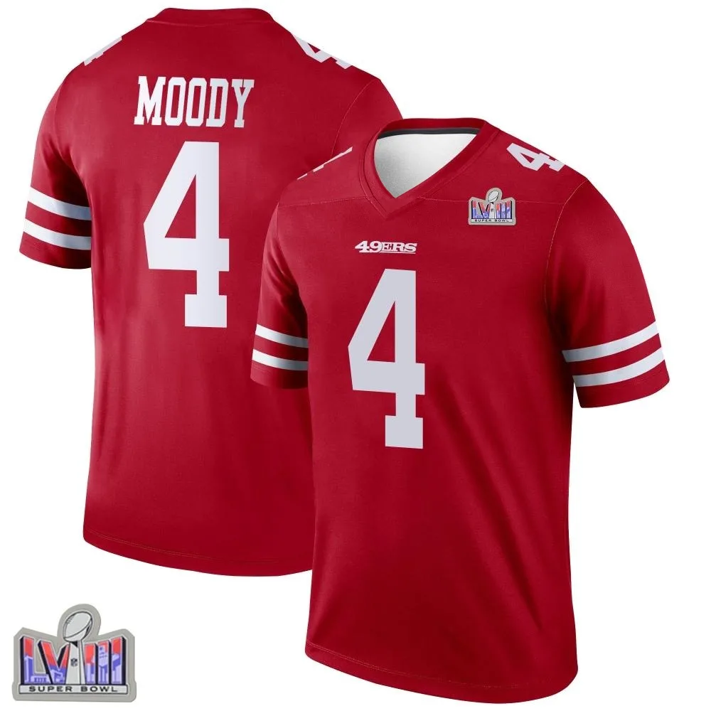 Men's San Francisco 49ers Jake Moody Nike Super Bowl LVIII Patch Legend Scarlet Jersey Men's San Francisco 49ers Jake Moody Nike Super Bowl LVIII Patch Legend Scarlet Jersey