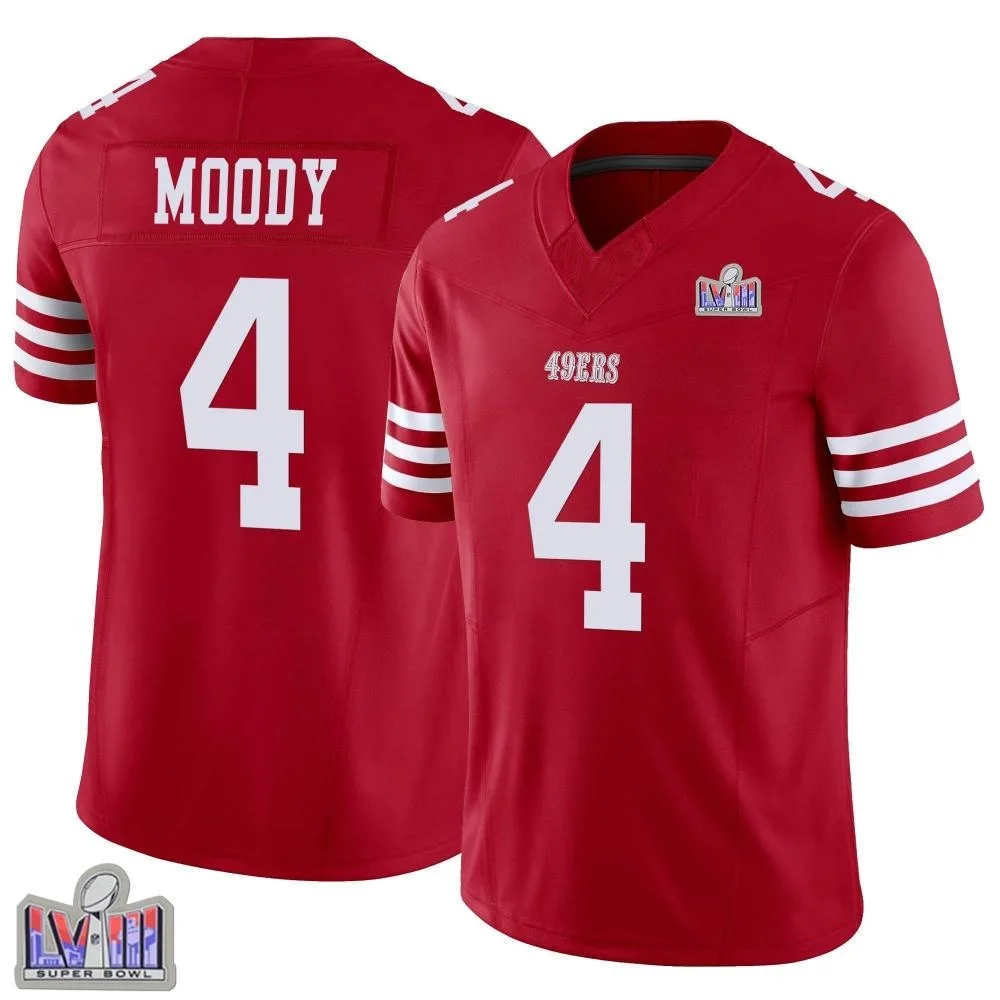 Men's San Francisco 49ers Jake Moody Nike Vapor F.U.S.E. Super Bowl LVIII Patch Limited Scarlet Jersey Men's San Francisco 49ers Jake Moody Nike Vapor F.U.S.E. Super Bowl LVIII Patch Limited Scarlet Jersey