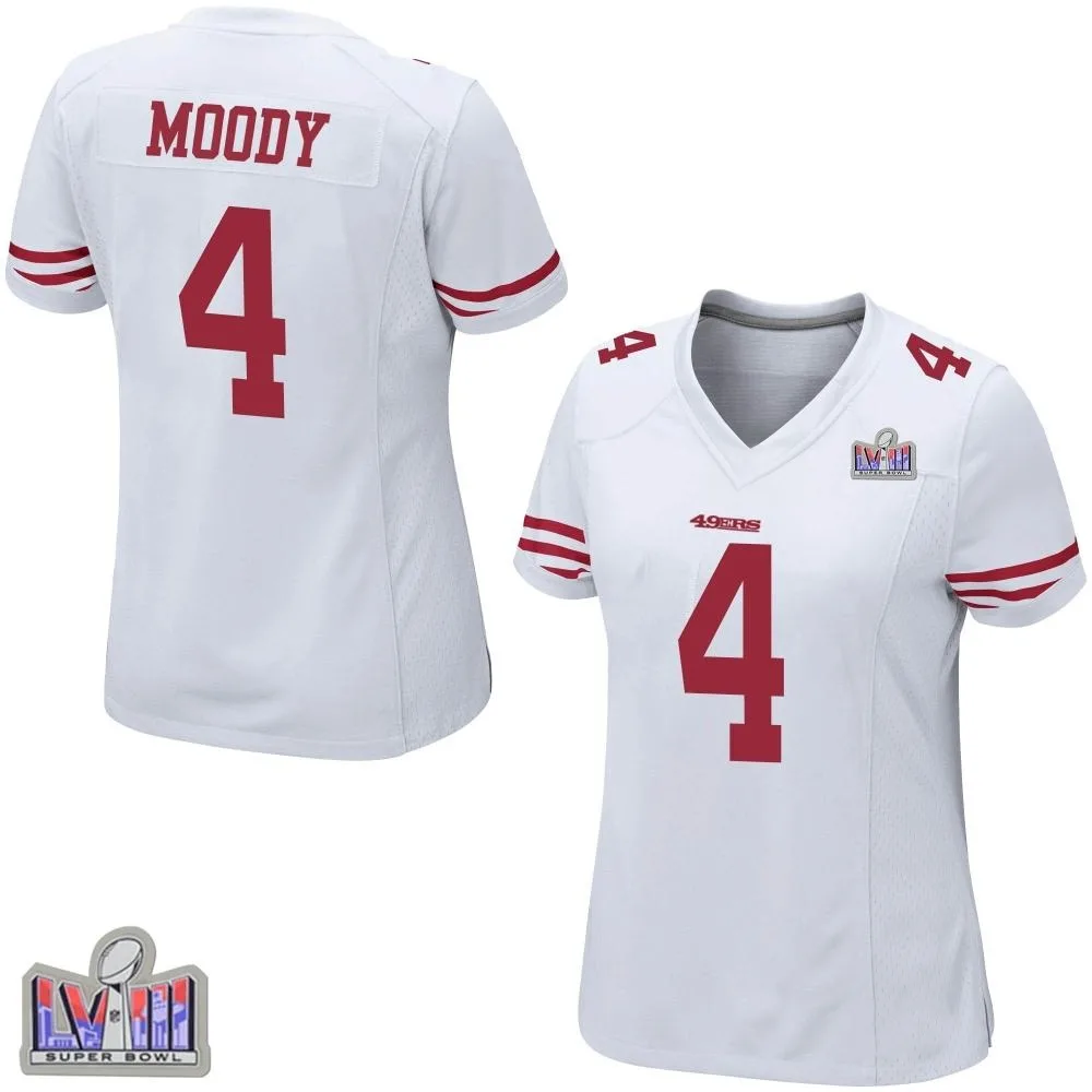 Women's San Francisco 49ers Jake Moody Nike Super Bowl LVIII Patch Game White Jersey Women's San Francisco 49ers Jake Moody Nike Super Bowl LVIII Patch Game White Jersey